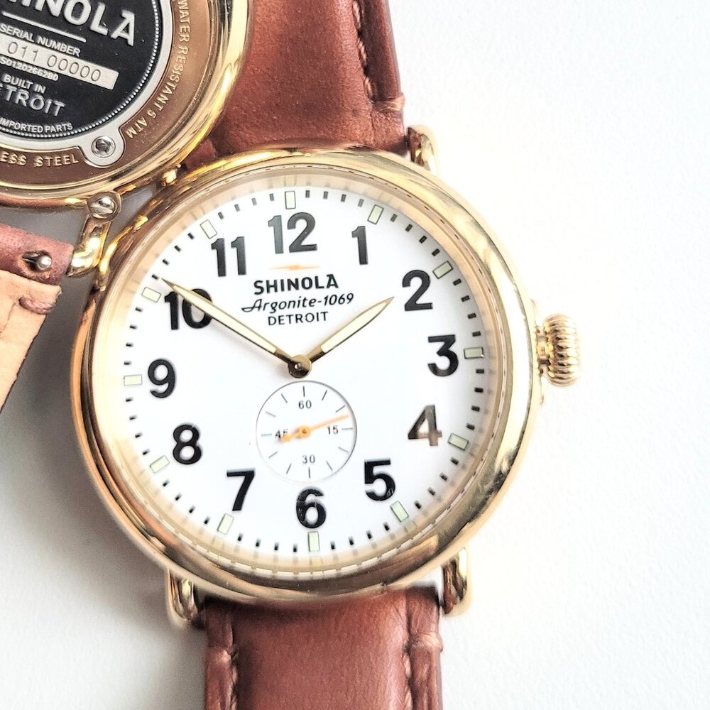 🍀Watch Shinola Runwell Gold 47mm Argonite 1069 Rich Brown Leather Strap New!